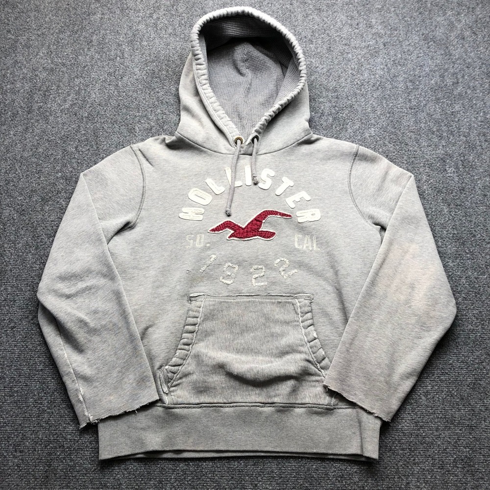 Hollister Mens Gray Pullover Hoodie Waffle Lined Logo Sweatshirt Large